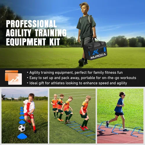 Miniatura 8 de MUROZA Agility Ladder, Agility Speed Training Equipment Set, 20ft Speed Ladder, 12 Soccer Cones, 4 Hurdles, Jump Rope, Running Parachute, Soccer Azul