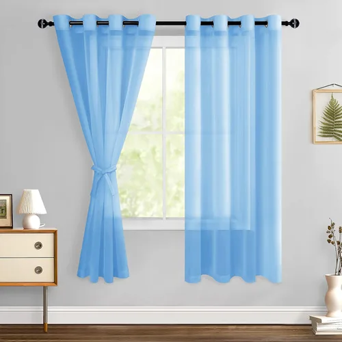 Miniatura 86 de Hiasan - Cortinas traslúcidas de gasa cortas semitransparentes con ojales y alzapaños filtrantes de luz para ventana, dormitorio, baño, 2 paneles