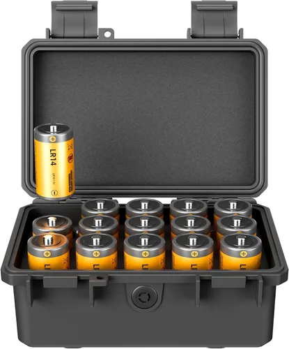 KIWIFOTOS Organizador de baterías C con 15 ranuras para almacenamiento, resistente al agua, IP67, impermeable, celda C, LR14, contenedores alcalinos