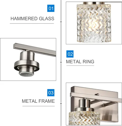 Miniatura 6 de MELUCEE Aplique de pared de 2 luces con pantalla de vidrio martillado, luces de baño de níquel cepillado sobre el espejo, accesorios de iluminación