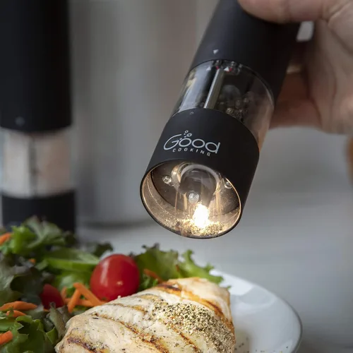 Miniatura 2 de Molinillo eléctrico de pimienta y molino de sal, dispensador de especias con una sola mano con luz LED y grosor ajustable, mejora de cocina premium