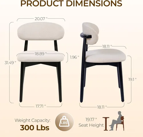 Miniatura 2 de Juego de 2 Sillas de Comedor de Madera Modernas Tapizadas en Tela, Sillas de Cocina de Mediados de Siglo Moderno, Sillas de Comedor de Granja