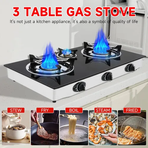 Miniatura 3 de Cocina de gas propano, estufa de gas de 3 quemadores portátil, vidrio templado de 0.28 pulgadas, encendido automático, 3 quemadores GLP para RV