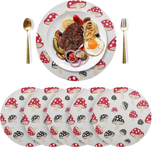 Miniatura 3 de Stylized Red Black Mushrooms Dinner Table Placemats, Non Slip Placemats Round Washable for Kitchen Table one sizex6