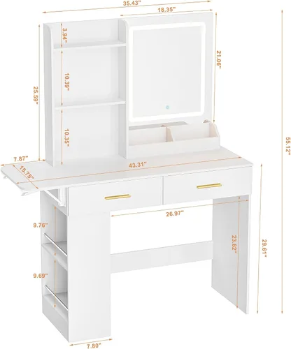 Miniatura 7 de ERLEJIA Escritorio de tocador con espejo y luces, mesa de maquillaje de 43.31 pulgadas con 4 cajones sin taburete, escritorio extra plegable con 3