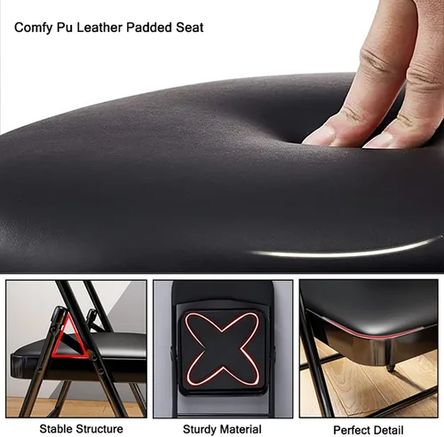 Miniatura 4 de Silla plegable con asiento acolchado de piel sintética, silla plegable ergonómica de metal con respaldo, silla portátil básica para oficina en casa