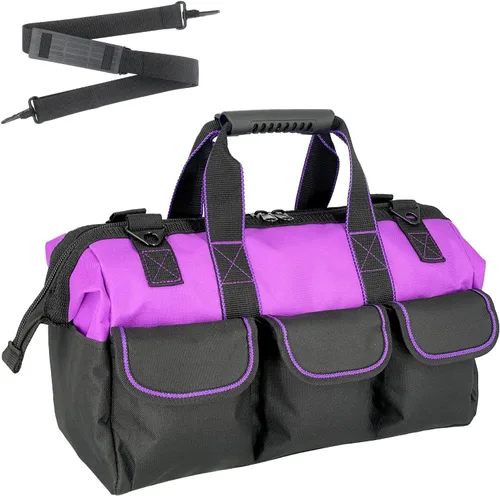 Miniatura 8 de Bolsa de herramientas morada de 16 pulgadas para mujer, correa de hombro ajustable con pies antideslizantes, 14 bolsillos funcionales, caja