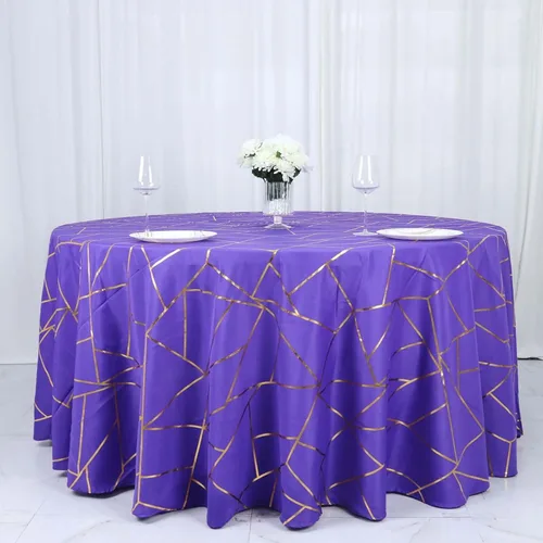 Miniatura 5 de Efavormart - Mantel redondo de poliéster de 120 pulgadas con patrón geométrico dorado Morado
