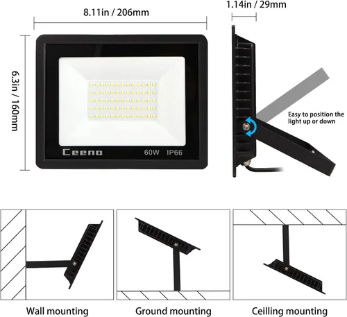 Miniatura 6 de Ceena paquete de 2 luces LED de inundación enchufables de 60W para exteriores, foco LED superbrillante de 6000lm con cable de 1.8 m, luz de trabajo