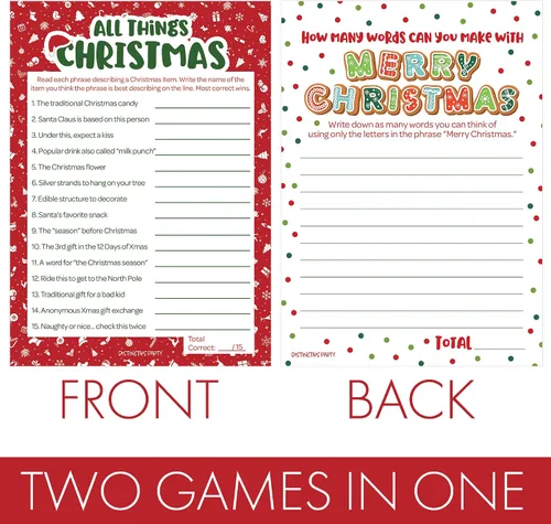 Miniatura 3 de DISTINCTIVS Juegos de Fiesta de Navidad, (Paquete de 2 Juegos) - Trivia de Todo sobre Navidad y Juego de Palabras Anagramas - 25 Tarjetas de Doble