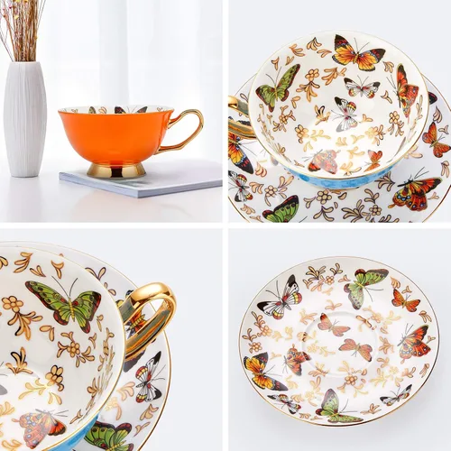 Miniatura 3 de LURRIER Taza de café con platillo para café con leche, té capuchino con mariposas de 6.8 onzas, porcelana fina de hueso, apta para lavavajillas