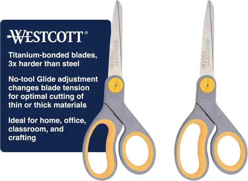 Westcott - Tijeras de titanio de 8 pulgadas con deslizamiento ajustable y mango suave, paquete de 2 - Tijeras duraderas multiusos para oficina,