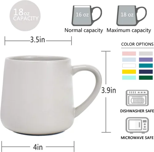 Miniatura 3 de Bosmarlin Juego de 2 tazas de café grandes de cerámica brillante, taza de té para oficina y hogar, 18 onzas, adecuadas para lavavajillas y Gris