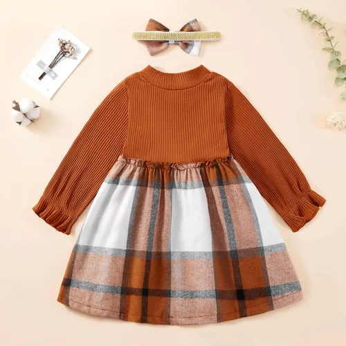 Miniatura 2 de Ropa para niña pequeña, vestido de otoño e invierno, vestido de franela a cuadros, vestido de fiesta con lazo para niñas con diadema