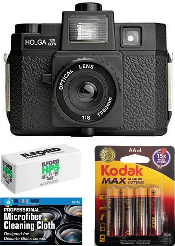 Holga 120GCFN - Cámara de película de formato medio con flash integrado con Ilford HP5 120 película en blanco y negro Kodak Baterías paquete de