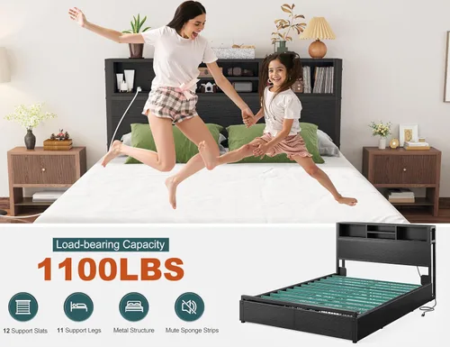 Miniatura 5 de EnHomee Base de cama de tamaño matrimonial con 6 cajones de almacenamiento, cabecera y estación de carga, cama de plataforma de metal sin ruido,