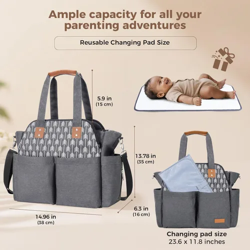 Miniatura 5 de Lekebaby Bolsa de pañales, 17 bolsillos, bolsa de pañales de viaje grande impermeable con cambiador portátil, bolsa de hospital cruzada para mamá