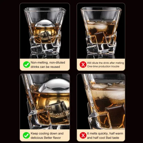 Miniatura 5 de Piedras de whisky, 2 piezas de cubitos de hielo de metal reutilizables, bolas de whisky redondas de acero inoxidable, bolas de whisky esféricas