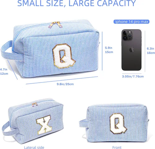 Miniatura 5 de Veki Bolsa de maquillaje Preppy para mujer, bolsas de cosméticos personalizadas con letra inicial con cremallera, bolsa pequeña de felpilla
