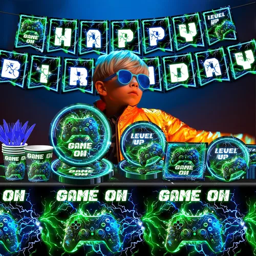 Miniatura 4 de Suministros para fiesta de cumpleaños de videojuegos, 142 piezas de platos y servilletas de neón para videojuegos, mantel de plástico para niños