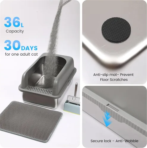 Miniatura 2 de Caja de arena para gatos de acero inoxidable XL para gatos grandes- Caja de arena de metal extra grande con tapa, incluye pala de arena de metal