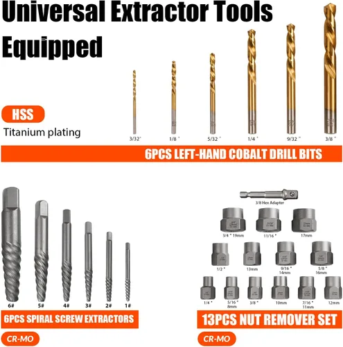 Miniatura 2 de Coobeast - Juego de 26 extractores de pernos y brocas izquierdas, extractor fácil para tornillo con juego de extractor de brocas inversas