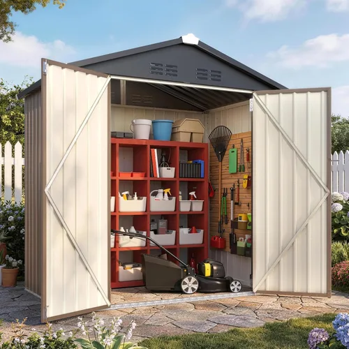 AECOJOY Cobertizo de almacenamiento de metal para exteriores de 4 x 6 pies, cobertizo de herramientas de jardín resistente con puerta doble con Gris