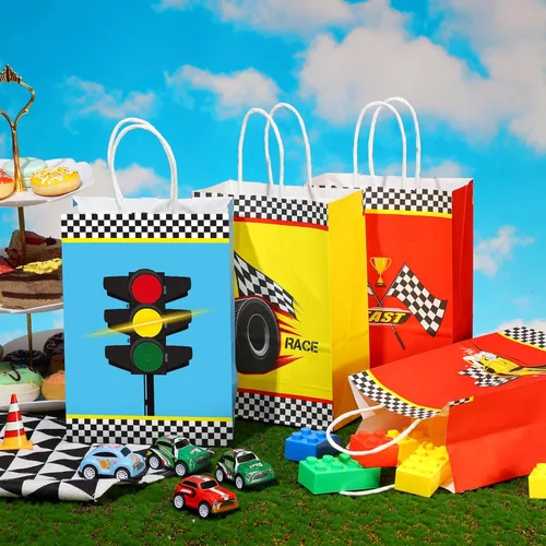 Miniatura 3 de Outus 24 bolsas de recuerdo de fiesta de auto de carreras, suministros de fiesta de cumpleaños, bolsas de regalo con asas para bandera a cuadros