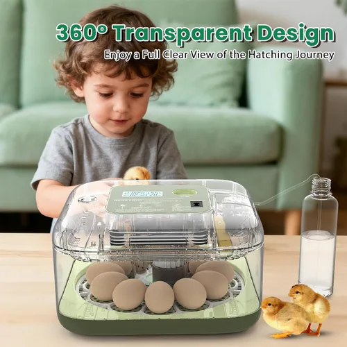 Miniatura 6 de Incubadora de 12 huevos con pantalla de humedad y vela integrada, girador automático, control de temperatura y humedad, recarga automática de agua