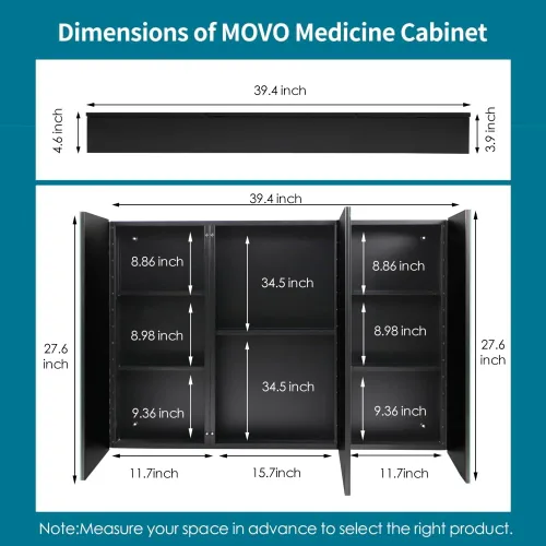 Miniatura 2 de Movo Botiquín de medicina negro de 40 x 28 pulgadas, espejo de baño, sin marco, gran montaje en pared, con 3 puertas, estantes movibles