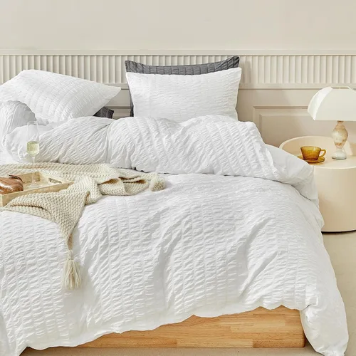 Miniatura 13 de WARMDERN - Juego de funda de edredón tamaño Queen, juego de ropa de cama de 3 piezas de microfibra lavada color beige, funda de edredón con textura