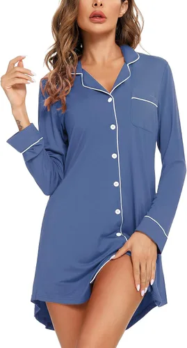 Miniatura 91 de Samring Camisón de pijama para mujer, manga corta/larga, con botones, camisón para dormir, camisón para novio, talla XXL