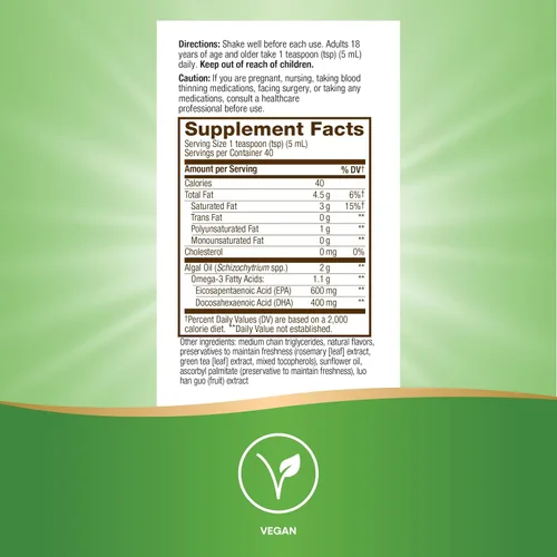 Miniatura 5 de Nature's Way NutraVege Omega-3, apoya la función ocular y cerebral*, 1000 mg de EPA/DHA por cucharadita (1), fórmula líquida apta para veganos