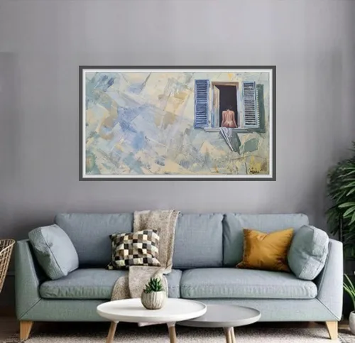 Miniatura 2 de Mujer en la ventana " Pintura hecha a mano, acrílico sobre lienzo, arte de pared original abstracto, pieza única firmada por la artista