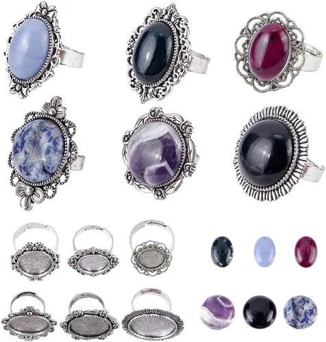 Miniatura 9 de SUNNYCLUE 16 piezas DIY 8 juegos de anillos bisel en blanco piedra natural cabujones estilo antiguo anillo de dedo ajustable componentes en blanco