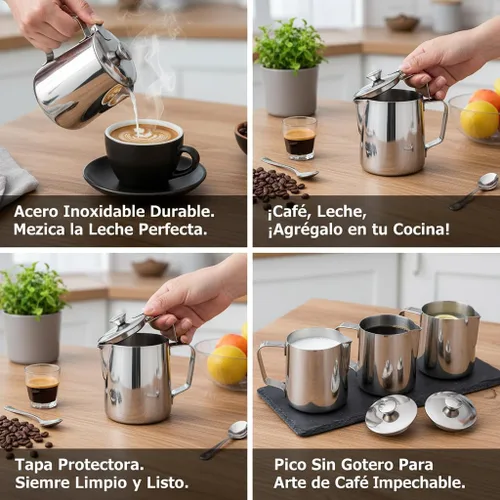 Miniatura 2 de Jarra de espuma de leche de acero inoxidable con tapa, 11.8 fl oz, boquilla para arte de café con leche