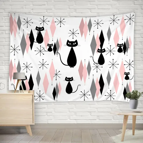 Tapiz de gato negro de mediados de siglo, diseño de explosiones de estrellas atómicas, moderno, abstracto, geométrico, icónico, vintage de los años