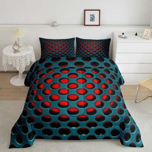 Miniatura 2 de Juego de edredón de nido de abeja, juego de ropa de cama geométrico verde y rojo, tamaño individual, juego de edredón reversible negro con colmena