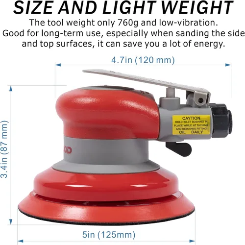 Miniatura 5 de Lijadora neumática orbital aleatoria de 5 pulgadas, lijadora de palma ligera de 3/16" (5 mm) de diámetro, 12000 RPM con 10 piezas extra de papel