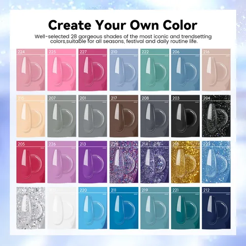 Miniatura 3 de JEWHITENY Juego de gel para uñas de polivinilo de 28 colores - 15ml tonos desnudo, rosa, marrón, negro, gris, azul, amarillo para manicura francesa