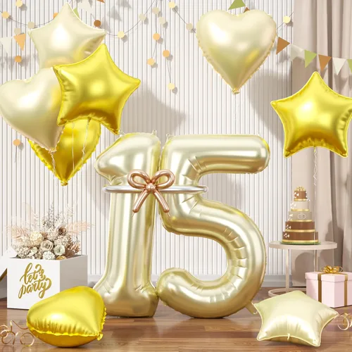 Miniatura 60 de Globos dorados de color champán con el número 11, globos de oro claro, globo de aluminio dorado con forma de corazón con estrella y globo largo