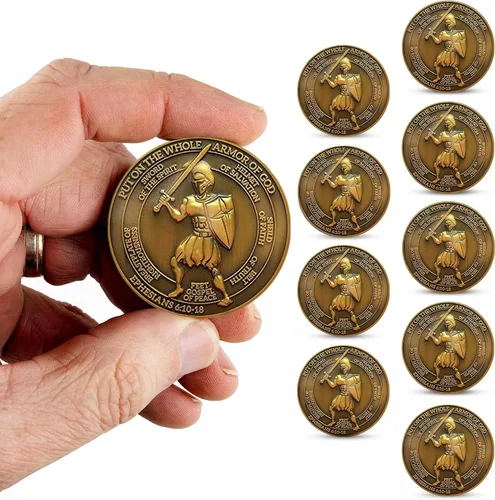Miniatura 9 de 1 moneda de desafío de armadura de Dios, versículo bíblico de Efesios 6:10, moneda de desafío cristiano chapada en oro antiguo de 1.75 pulgadas