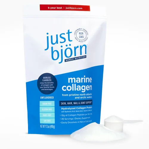 Miniatura 3 de Just Bjorn Marine - Péptidos de colágeno en polvo On-The-Go Stick Packs (paquete de 10) + 45 bolsas para servir (17.3 onzas) – Soporte para piel