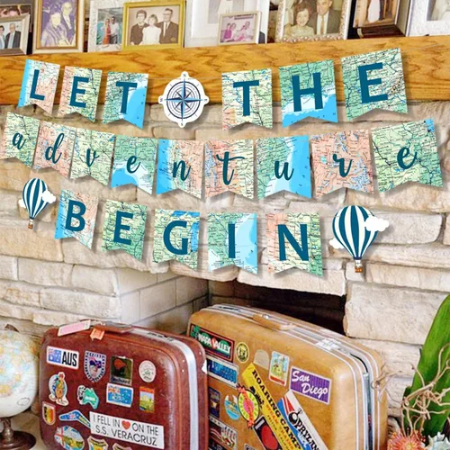 Miniatura 6 de Yaaaaasss! Cartel de «Let the Adventure Begin» Banner de mapa de aventura que espera un buen viaje para cumpleaños, baby shower, graduación