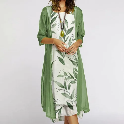 Miniatura 2 de UODSVP Vestidos de mujer 2022 elegante casual con estampado de moda cuello redondo longitud media vestido de dos piezas