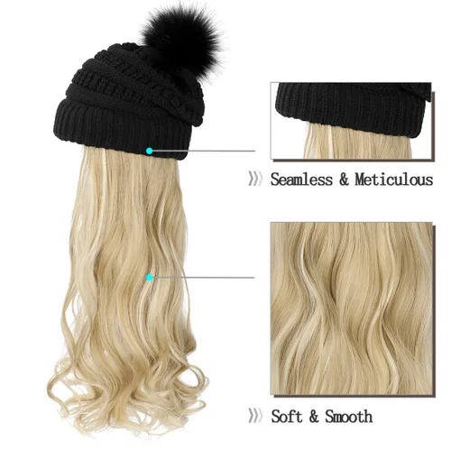 Miniatura 3 de Qlenkay Gorro con extensiones de cabello largo ondulado y rizado, gorra de punto negro adjunta de 20 pulgadas, peluca sintética desmontable, pompón