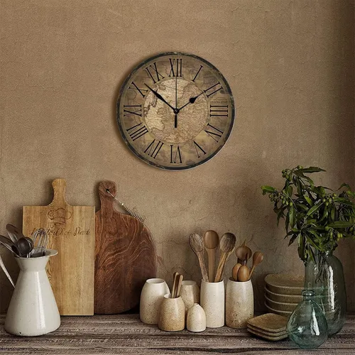 Miniatura 3 de Reloj de pared de madera de estilo vintage, mapa del viejo mundo, 10 pulgadas, rústico, redondo, de madera, sin tictac, silencioso, estilo retro