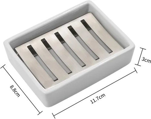 Miniatura 7 de TOPSKY Jabonera de cerámica de acero inoxidable para baño, doble capa, bandeja de jabón autodrenante, di no al jabón blando, fácil limpieza (blanco)