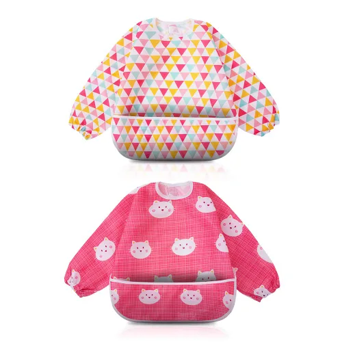 Miniatura 8 de Little Dimsum Paquete de 2 baberos de alimentación de manga completa, delantal impermeable para bebés y niños pequeños, protección alimentaria