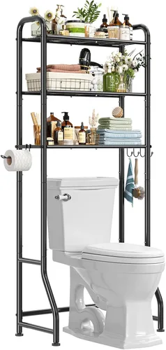 Miniatura 3 de Simple Trending Over The Toilet Storage Rack, Metal 3 Tier Bathroom Organizer Shelf with Paper Holder and 3 Hooks, Freestanding Shelf Space Saver